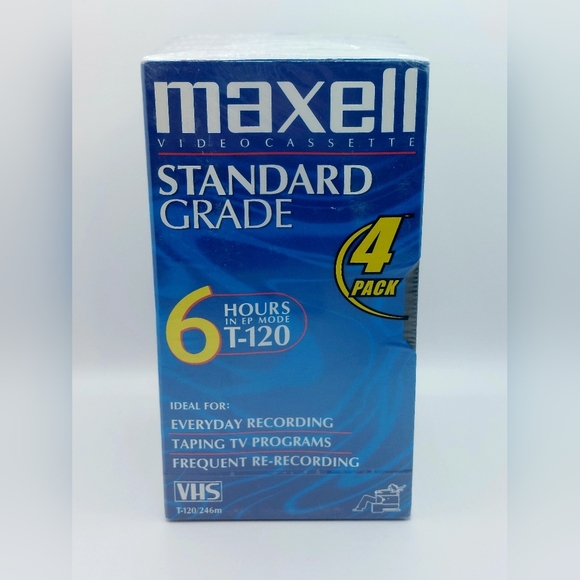 Maxell VHS Video Cassette 6 Hour Standard Grade 4 Pack T-120 Blank‎ Tapes SEALED - Picture 1 of 3